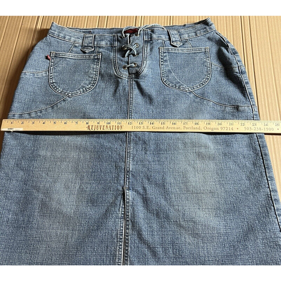 Vtg London Blue Vigoss Jean Skirt Size 1X Blue Denim Lace Up Front Slits Pockets - Picture 9 of 16